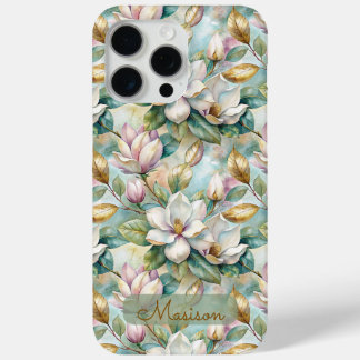 Coque iPhone 15 Pro Max Elegant Magnolias Flowers Gold with Name