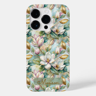 Coque Pour iPhone 14 Pro Elegant Magnolias Flowers Gold with Name