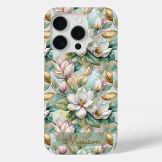 Coque iPhone 15 Pro Elegant Magnolias Flowers Gold with Name