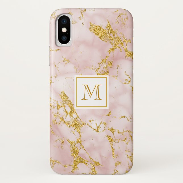 Coques Case-Mate iPhone Elégant marbre rose Monogramme Parties scintillant (Dos)
