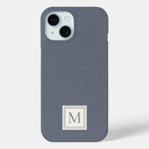 Coque Pour iPhone 15 Élégant Minimaliste Bleu Gris Lin Faux Monogramme