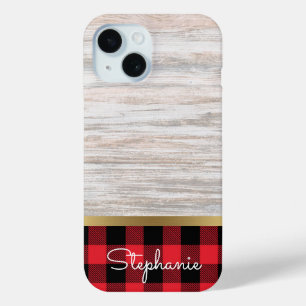 Coque Pour iPhone 15 Élégant Moderne Bois Or Buffalo Nom Plaid