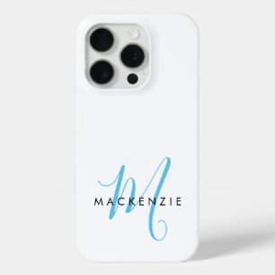 Coque iPhone 15 Pro Élégant Moderne Ciel Blanc Bleu Monogramme Script