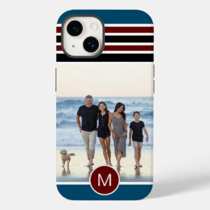 Coque Pour iPhone 14 Élégant Monogramme bleu rayé personnalisé Photo