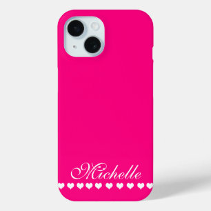 Coque Pour iPhone 15 Élégant Monogramme Coeurs blancs rose vif