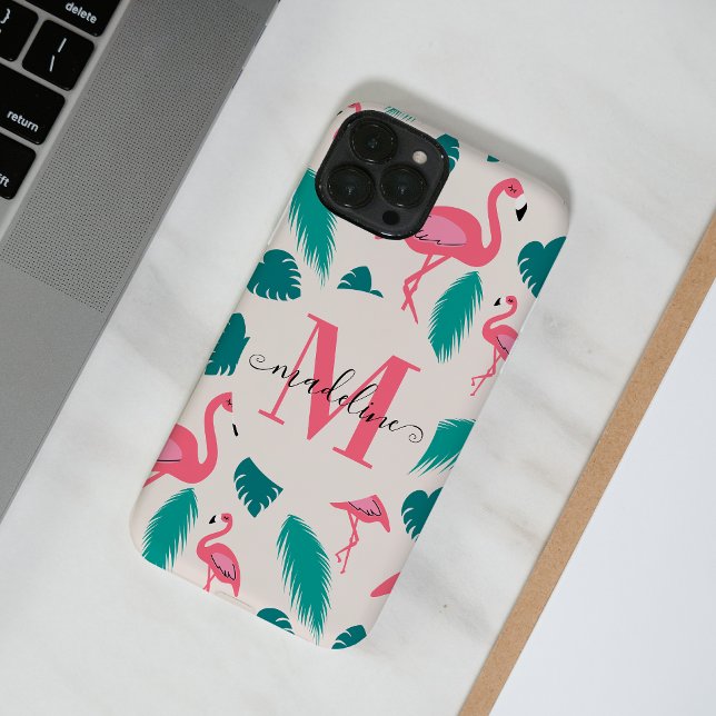 Coques Case-Mate iPhone Élégant Monogramme Feuille Tropical Flamant rose r (Créateur téléchargé)