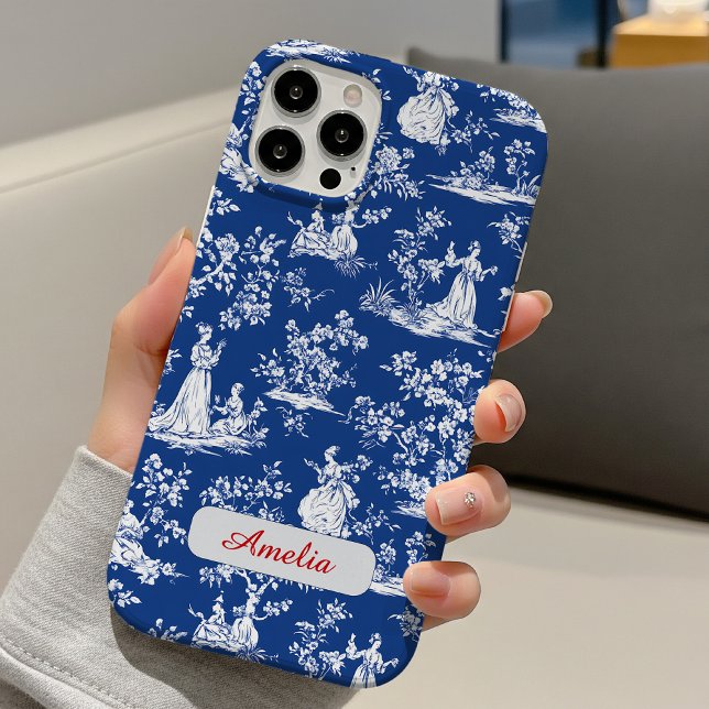 Coques Case-Mate iPhone Élégant monogramme floral chinoiserie toile bleue (Créateur téléchargé)