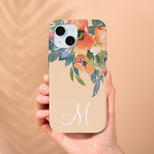 Coque Pour iPhone 15 Élégant Monogramme M Roses de Pêche à l'Aquarelle 
