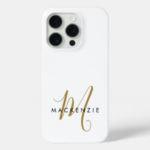 Coque iPhone 15 Pro Élégant Monogramme moderne en or blanc