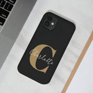 Coque Pour iPhone 14 Élégant Monogramme moderne Nom en Or Noir