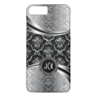 Élégant monogramme noir & argent Damas florales