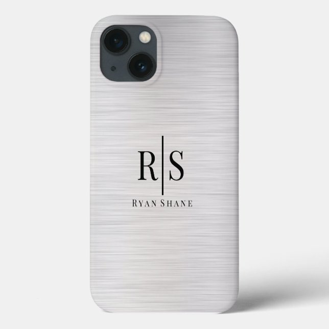 Coques Case-Mate iPhone Élégant Monogramme noir & Nom, Argent brossé (Verso)