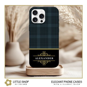Coque Pour iPhone 15 Élégant monogramme noir or à carreaux gris