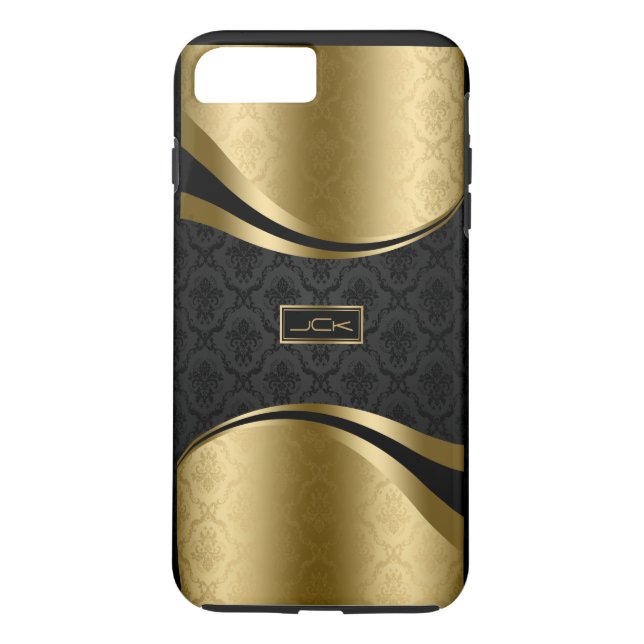 Coques Case-Mate iPhone Élégant monogramme noir & or Damas florales (Dos)
