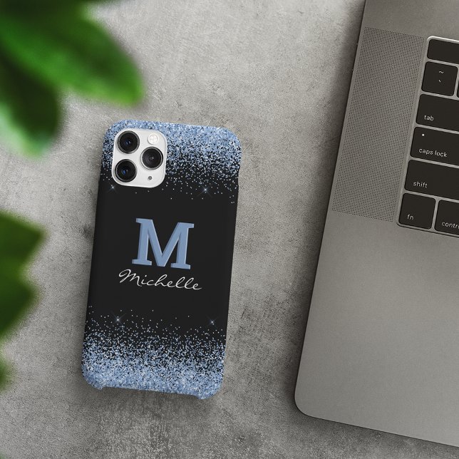 Coques Case-Mate iPhone Élégant Monogramme noir Parties scintillant bleu c (Créateur téléchargé)