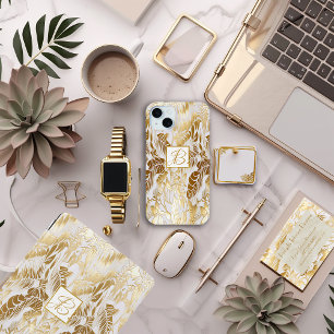 Coque iPhone 15 Mini Elégant Monogramme Or et ivoire de luxe Monstera