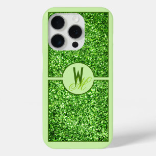 Coque iPhone 15 Pro Élégant Monogramme Pailleté Vert
