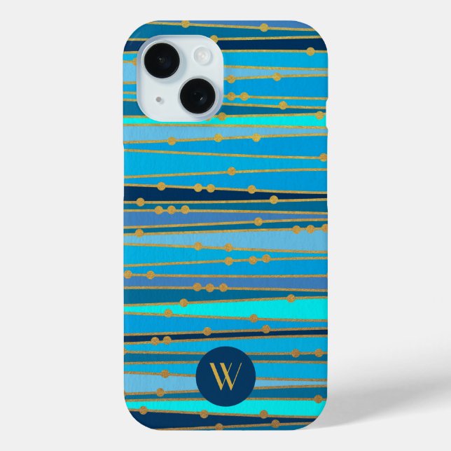 Coques Case-Mate iPhone Élégant Motif de bandes bleues Monogramme (Verso)