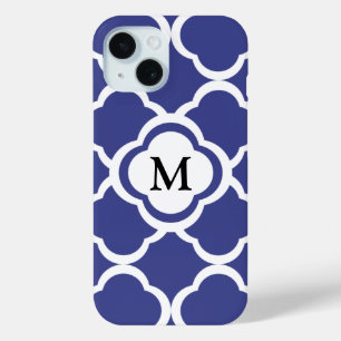 Coque Pour iPhone 15 Élégant Motif de Quatrefoil Bleu Monogramme