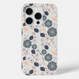 Coque iPhone 15 Pro Élégant motif floral bleu gris