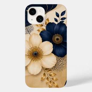 Coque Pour iPhone 14 Élégant motif floral botanique bleu marine et or