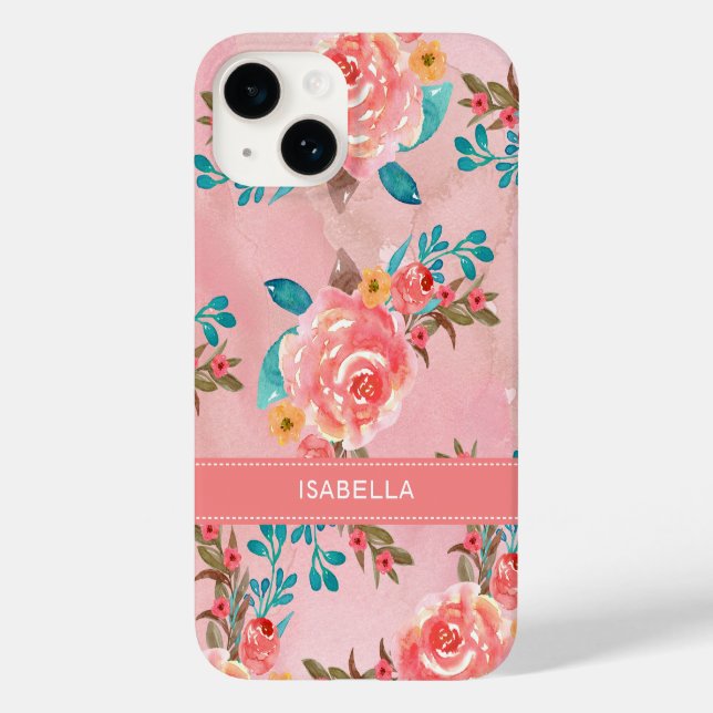Coques Case-Mate iPhone Elégant motif floral rose aquarelle (Verso)