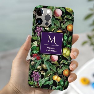 Coque Pour iPhone 14 Élégant motif noir de fruits tropicaux avec monogr