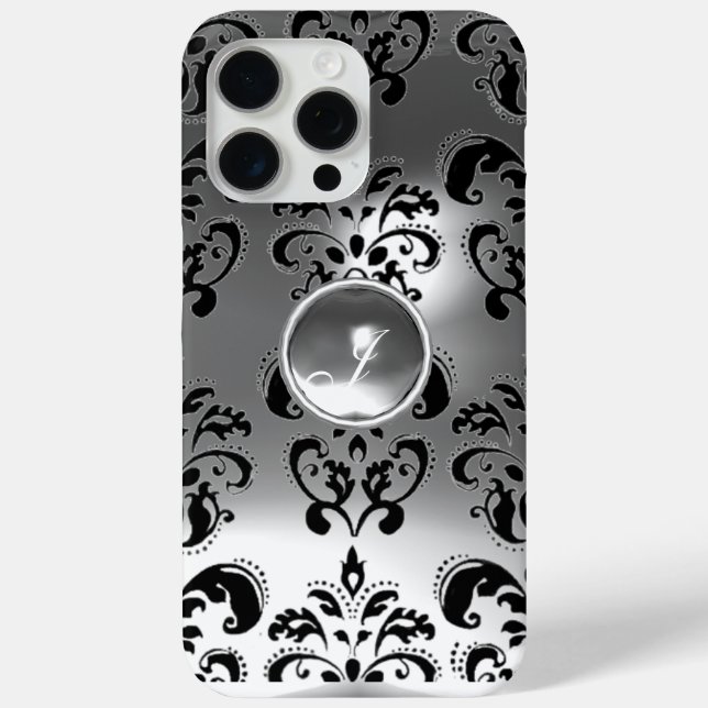 COQUES Case-Mate iPhone ÉLÉGANT NOIR BLANC DAMASK GRAY MONOGRAMME EN PIERR (Verso)