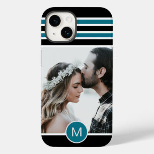 Coque Pour iPhone 14 Élégant noir bleu rayé Monogramme personnalisé Pho