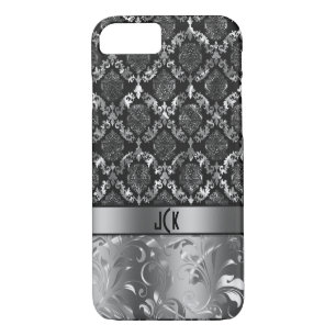 Coques Pour iPhone Elégant noir et métal argenté Damas & dentelle 2