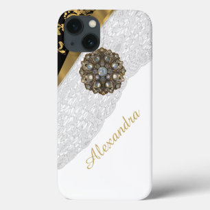 Etui iPhone Case-Mate élégant noir et or blanc dentelle