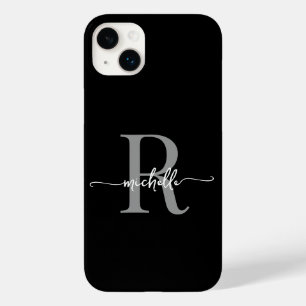 Coque Pour iPhone 14 Plus Élégant Noir Gris Script Monogramme initial