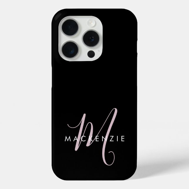 Coques Case-Mate iPhone Élégant Noir Noir Blush Pink Script Monogramme (Verso)