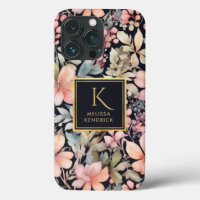 Élégant noir rose floral Aquarelle Nom