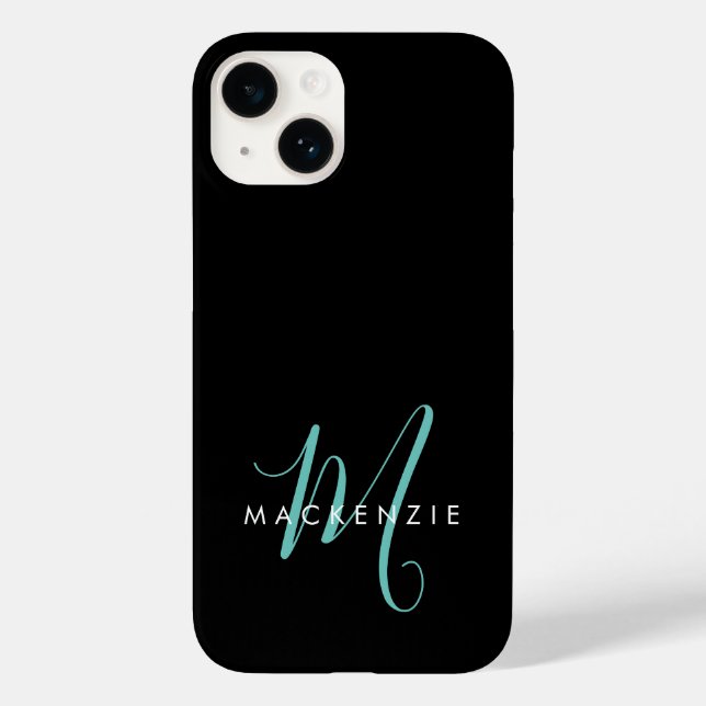 Coques Case-Mate iPhone Élégant Noir Turquoise Script Monogramme moderne (Verso)