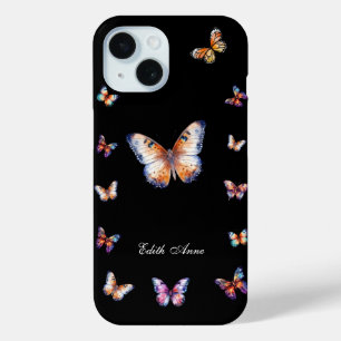 Coque Pour iPhone 15 Élégant Papillons colorés Monogramme personnalisé