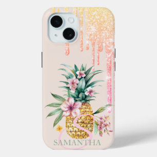 Coque Pour iPhone 15 Élégant Parties scintillant gouttes d'ananas flora