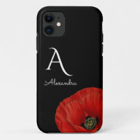 Élégant pavot rouge monogramme sur floral noir