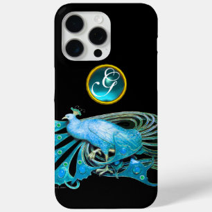 COQUE iPhone 15 PRO MAX ELÉGANT PEACOCK EN BLEU, MONOGRAMME AQUAMARINE