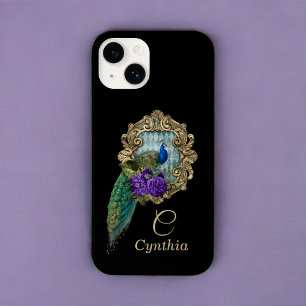 Coque Pour iPhone 14 Elégant Peacock Vintage violet et vert encadré