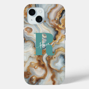 Coque Pour iPhone 15 Elégant Pearl Golden Agate Personnalisé Monogramme