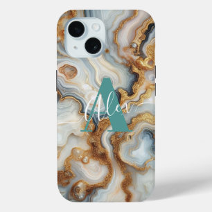 Coque Pour iPhone 15 Elégant Pearl Golden Agate Personnalisé Monogramme