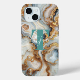 Coque Pour iPhone 15 Elégant Pearl Golden Agate Personnalisé Monogramme