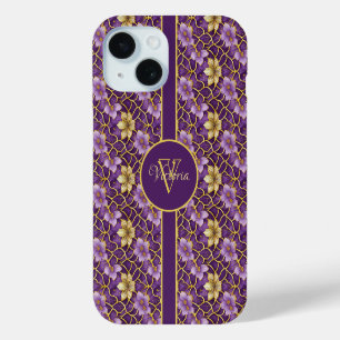 Coque Pour iPhone 15 Elégant Personnalisé Purple & Or Japonais