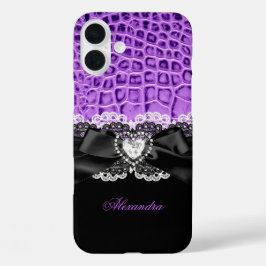 Coques iPhone 16 Plus Élégant pourpre noir animal noir dentelle de coeur