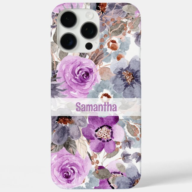 Coques Case-Mate iPhone Élégant Purple Floral Nom personnalisé (Verso)