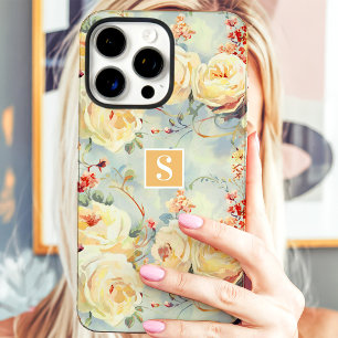 Coques iPhone 16 Pro Max Elégant rose jaune Monogramme Floral