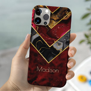 Coque Pour iPhone 15  Élégant rouge noir or girly géométrique 
