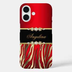 Coques iPhone 16 Elégant Rouge Zèbre Noir Or