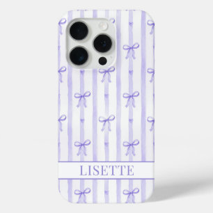 Coque iPhone 15 Pro Élégant Ruban Coquette Rayé Violet Monogrammé